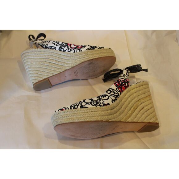 Coach Vintage Floral Espadrille Wedge Black White Red Jute 10 - Picture 8 of 9